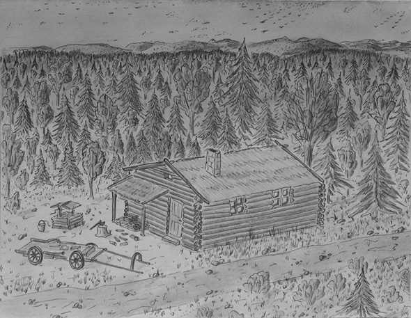 house in the woods - pencil drawing